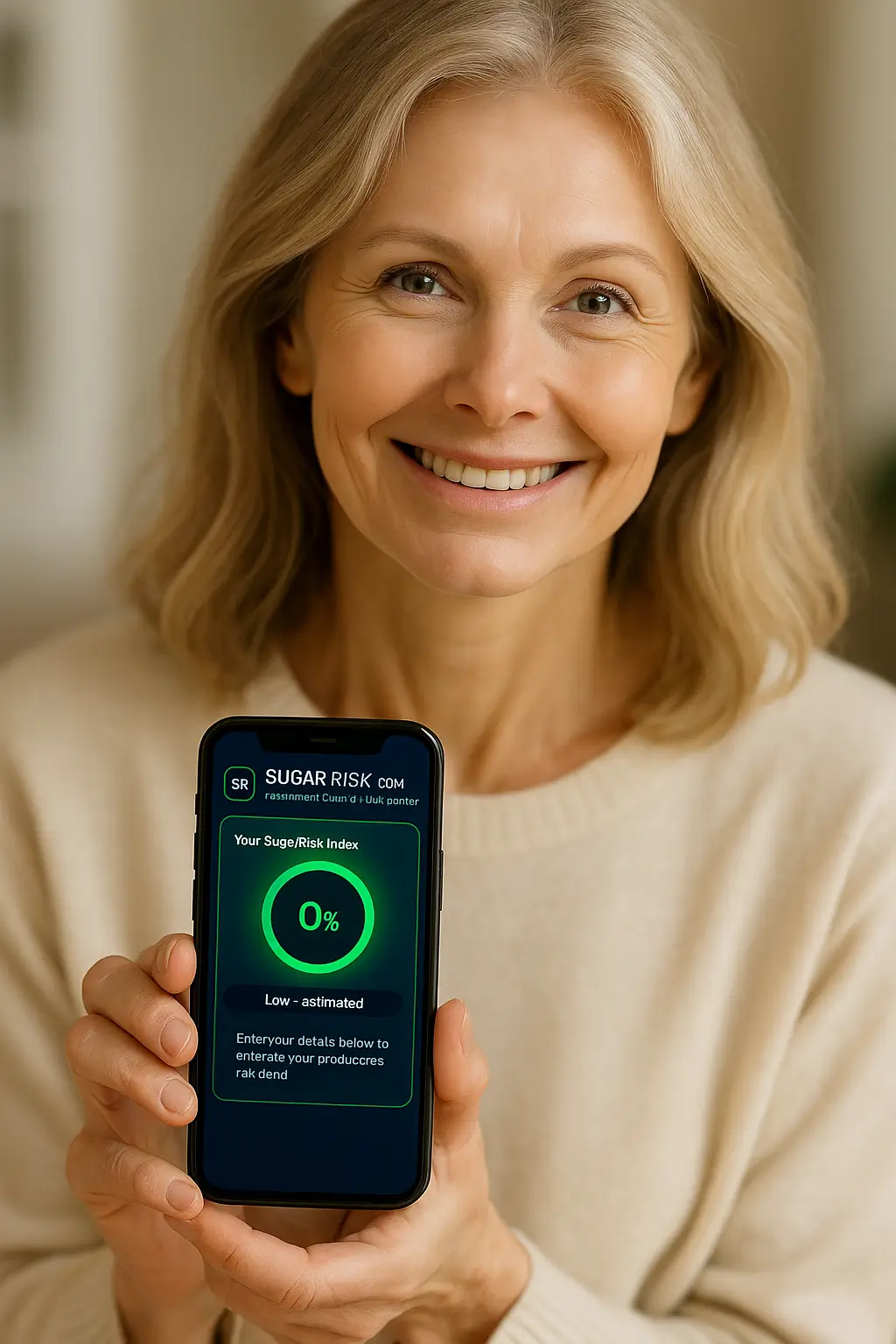 Woman checking SugarRisk calculator on phone